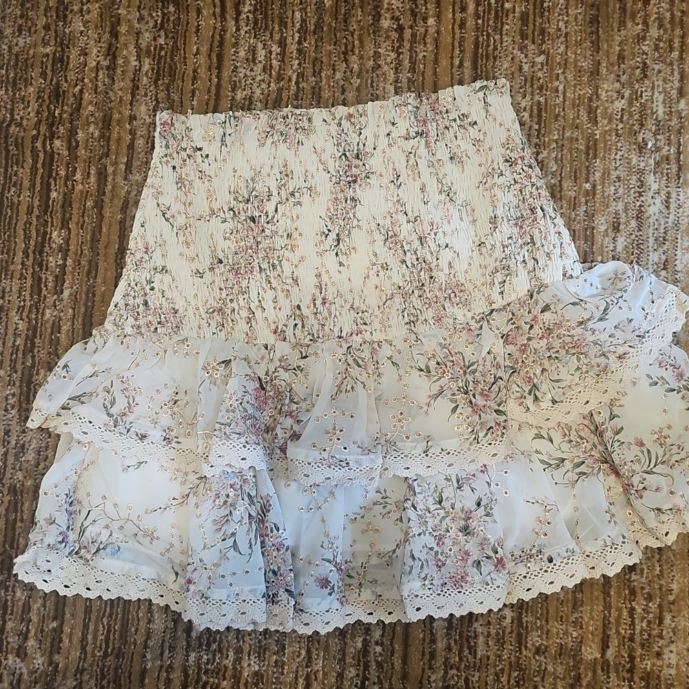 Anthropologie Free The Roses Beige Floral Embroidered Smocked Mini Skirt Small